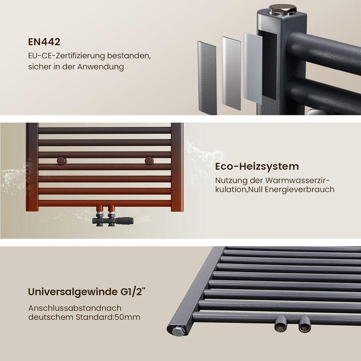 Heilmetz Badheizkörper Anthrazit Handtuchtrockner Heizung 1800 x 600 mm Bad Heizkörper Handtuchheizk