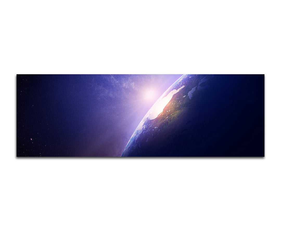 Paul Sinus Art Panoramabild auf Leinwand und Keilrahmen 150x50cm Weltraum Planet Erde Sonnenaufgang