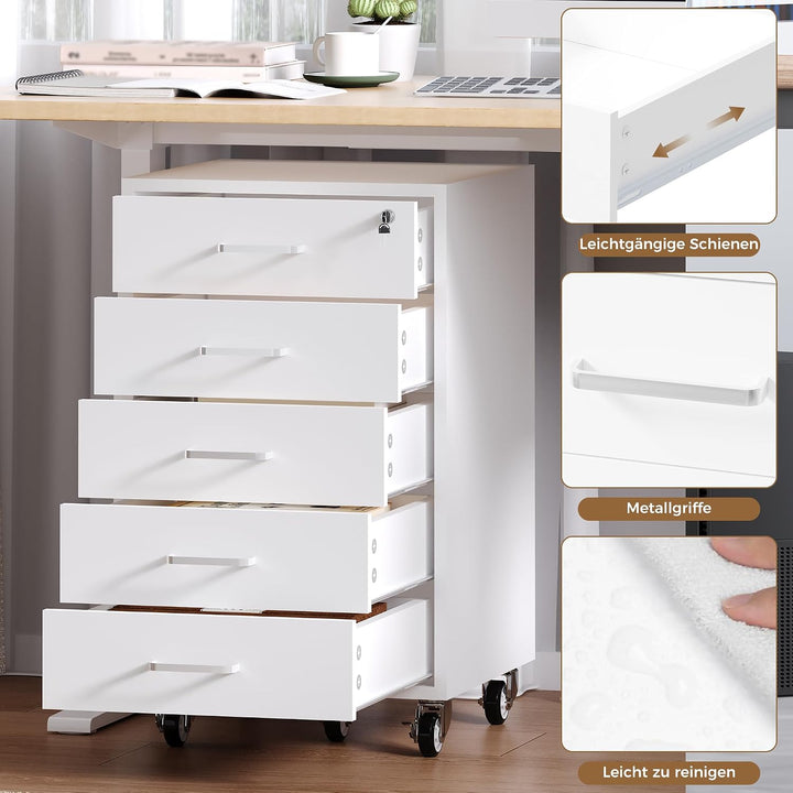 Rollcontainer mit 5 Schubladen, Aktenschrank Mit Schloss Metallrädern