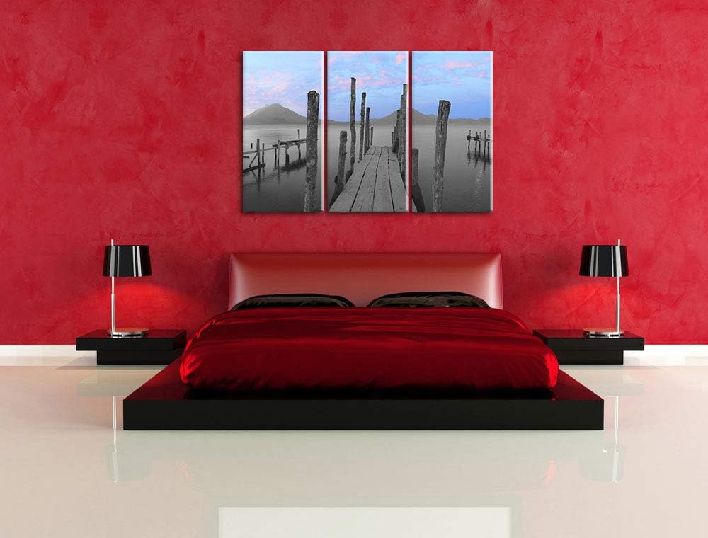 verschiedene Holzstege am Seeufer schwarz/weiss 3-Teiler Leinwandbild 120x80 Bild auf Leinwand, XXL