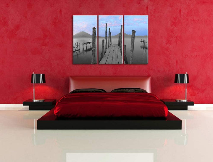 verschiedene Holzstege am Seeufer schwarz/weiss 3-Teiler Leinwandbild 120x80 Bild auf Leinwand, XXL