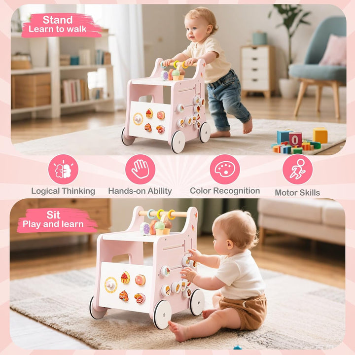 DREAMADE Lauflernwagen Holz, 6-in-1 hölzerne Lauflernhilfe, Baby Walker mit Blöcken & Zubehör, Lernl