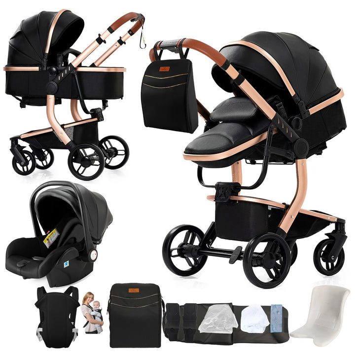 PU-Leder Kinderwagen 3 in 1, Bequemer Multifunktionaler Kombikinderwagen 3 in 1 Komplettset, Alumini