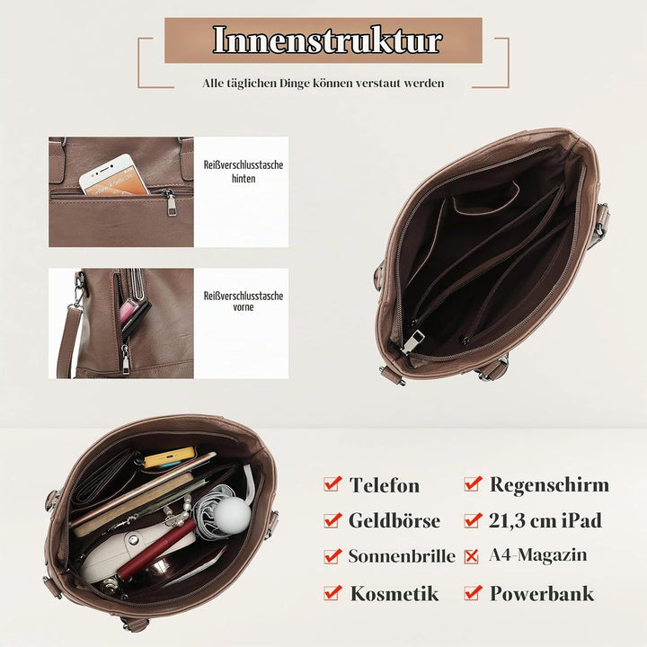 VINBAGGE Damen Handtasche PU Leder Henkeltasche Shopper Tasche Vintage Weiches Umhängetasche Schulte