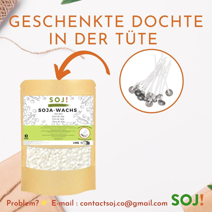 Sojawachs 1KG für Kerzen ohne GVO - Kerzenwachs zum Giessen - E-Book + 15 Dochte - verschiedene Grös