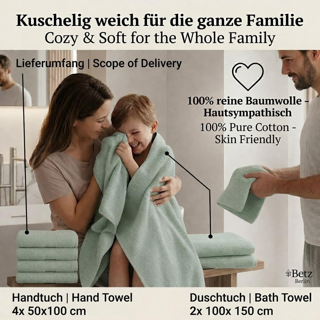 Betz Berlin 6er Set 2X Maxi Duschtuch 100 x 150 cm 4X Handtuch 50 x 100 cm 100% Baumwolle Farbe Jade