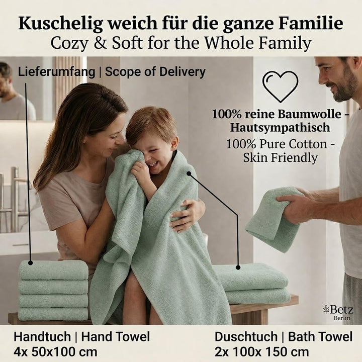 Betz Berlin 6er Set 2X Maxi Duschtuch 100 x 150 cm 4X Handtuch 50 x 100 cm 100% Baumwolle Farbe Jade