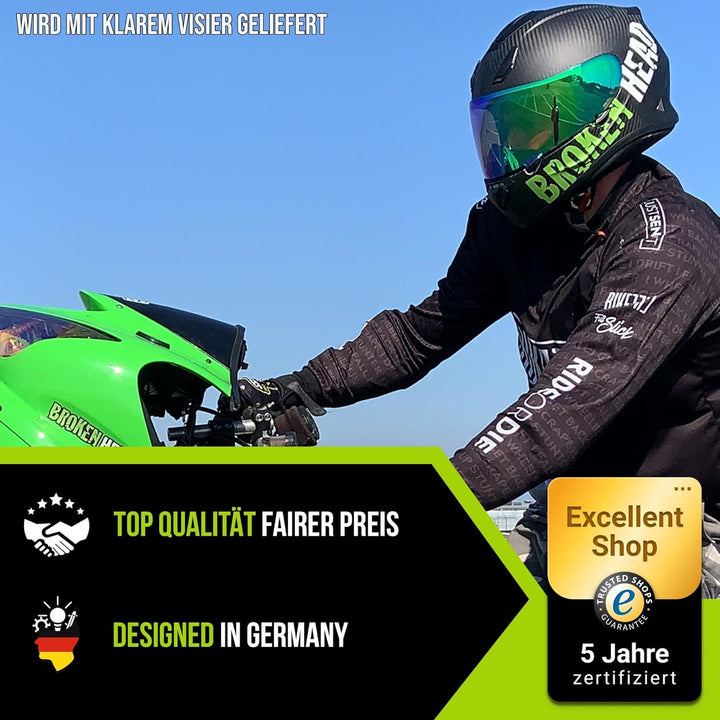 Broken Head BeProud Carbon Grün matt Limitierte Sonderedition - sportlicher Racing Motorrad-Helm XS