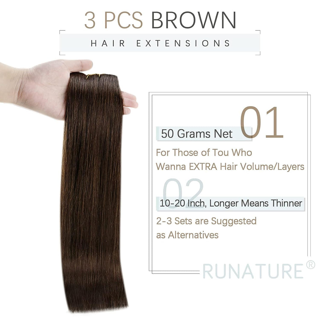 RUNATURE Haarverlängerung zum Anstecken, Echthaar, 25 cm, 25 cm, dunkelbraun, 2, Haarverlängerung, E