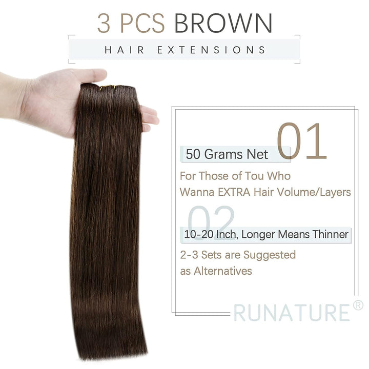 RUNATURE Haarverlängerung zum Anstecken, Echthaar, 25 cm, 25 cm, dunkelbraun, 2, Haarverlängerung, E