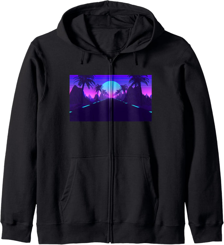 Retro Hot Pink Purple Blue Sunset Palm Trees Kapuzenjacke
