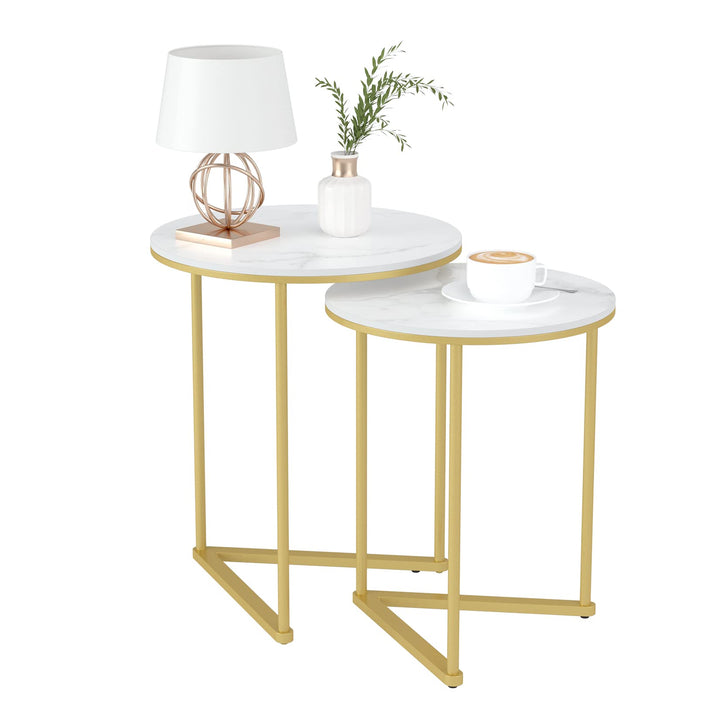 FATIVO Satztisch 2er Set Marmor: Rund Gold Beistelltisch Set - Couchtisch Weiss Wohnzimmertisch mit