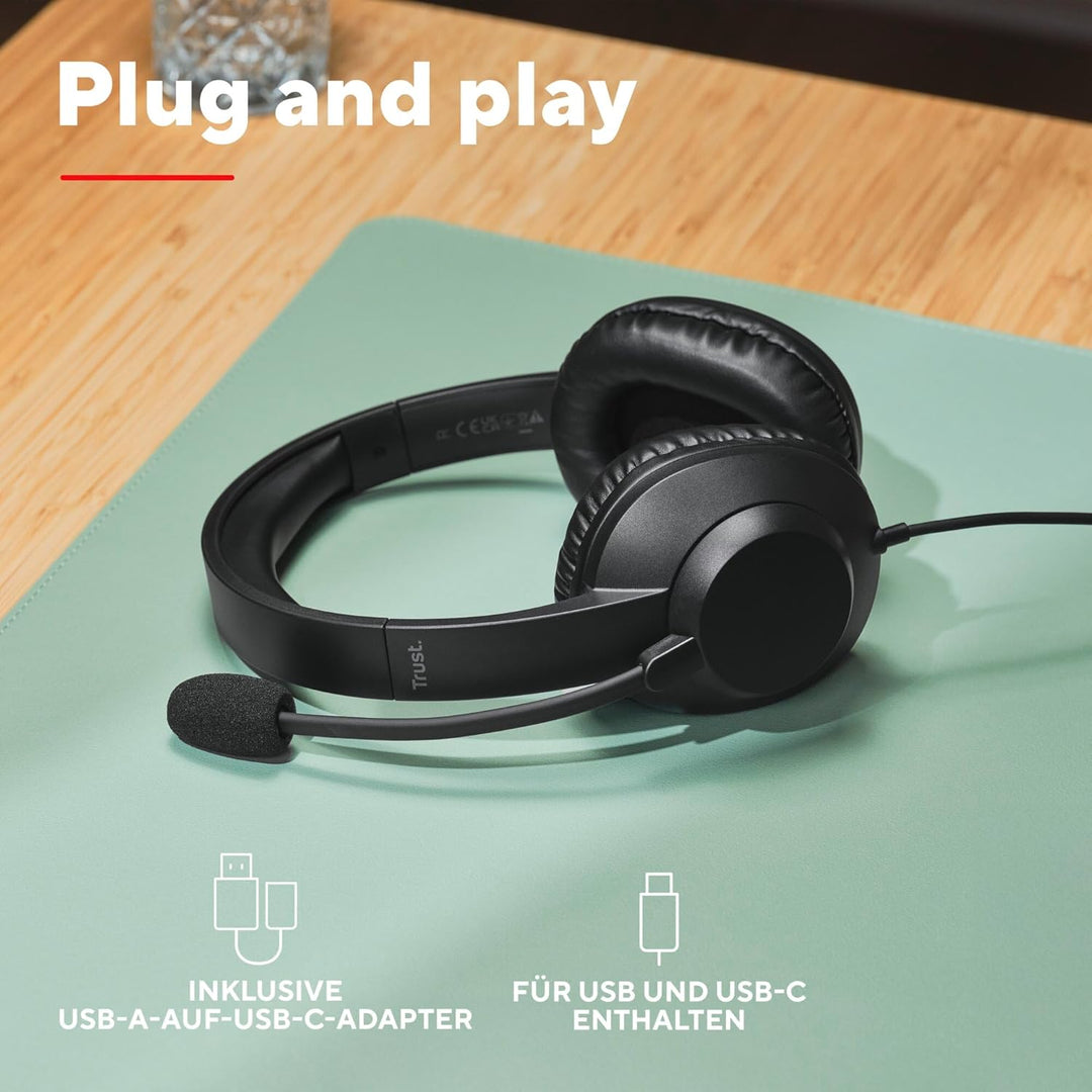Trust Roha II Max USB Headset mit Mikrofon Over-Ear, USB-C, Schwarz | Kopfhörer mit Kabel 180 cm, 85