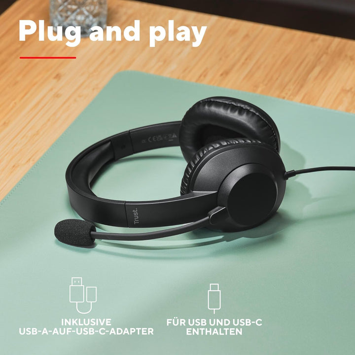 Trust Roha II Max USB Headset mit Mikrofon Over-Ear, USB-C, Schwarz | Kopfhörer mit Kabel 180 cm, 85