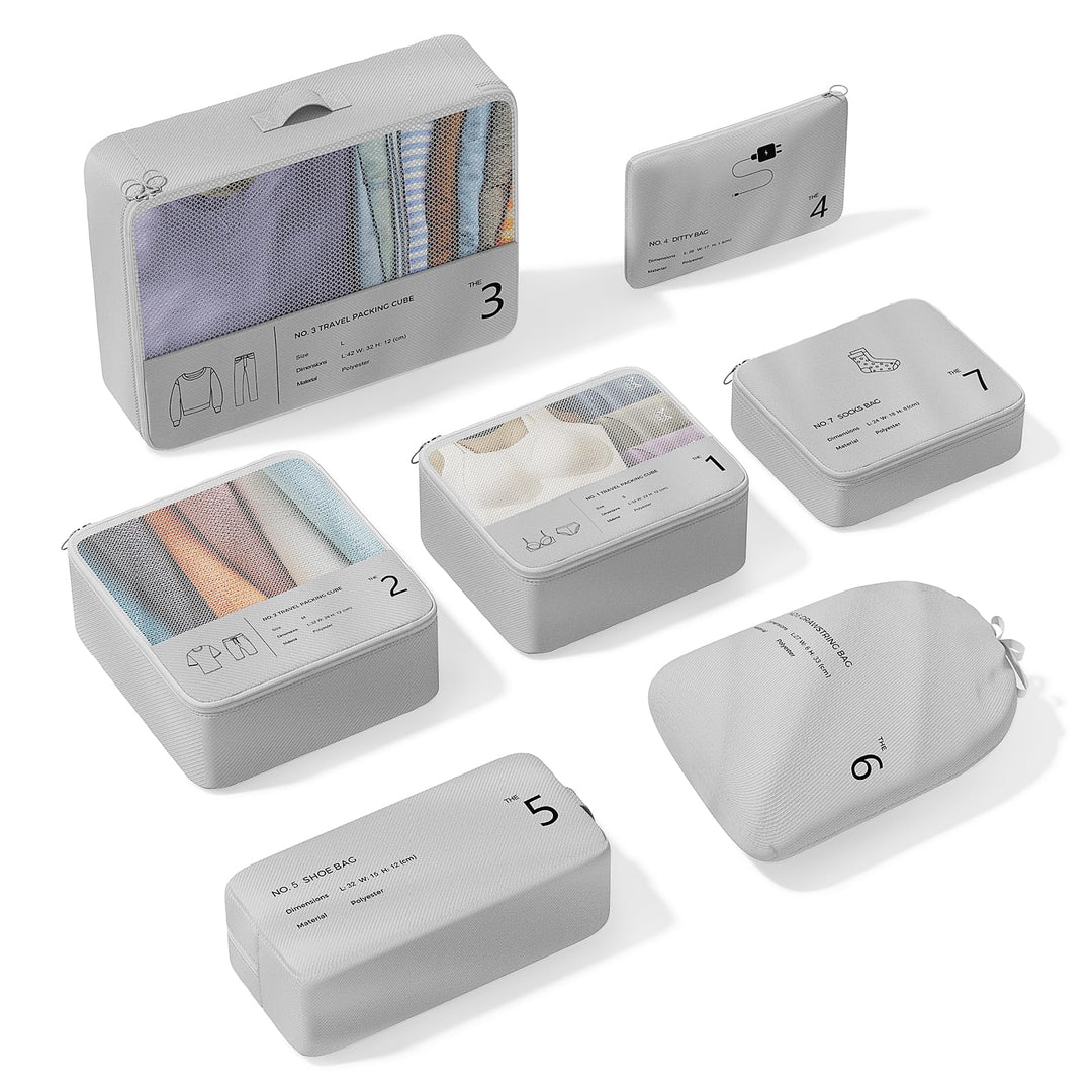 Koffer Organizer Set, 7-teilig, Packwürfel, Reise Kleidertaschen, Grau, Polyester, Reissverschluss,