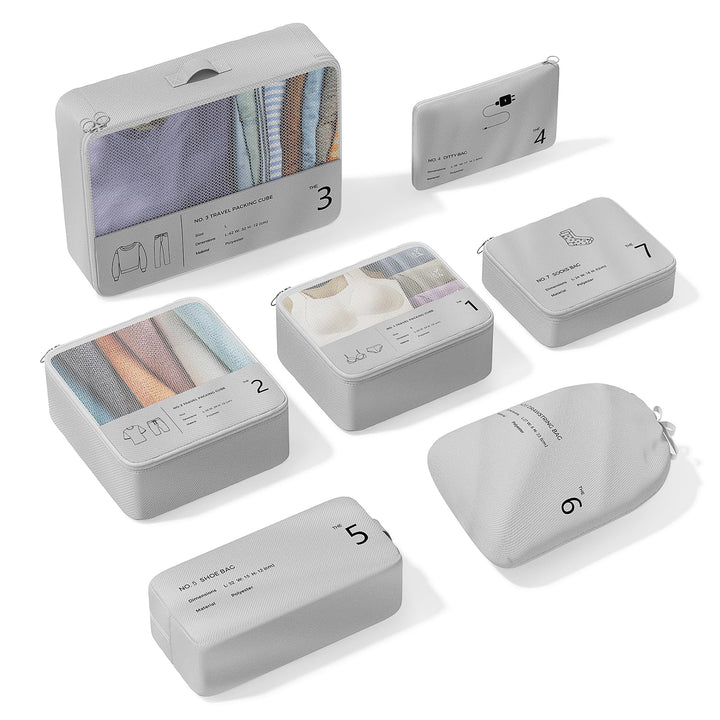Koffer Organizer Set, 7-teilig, Packwürfel, Reise Kleidertaschen, Grau, Polyester, Reissverschluss,