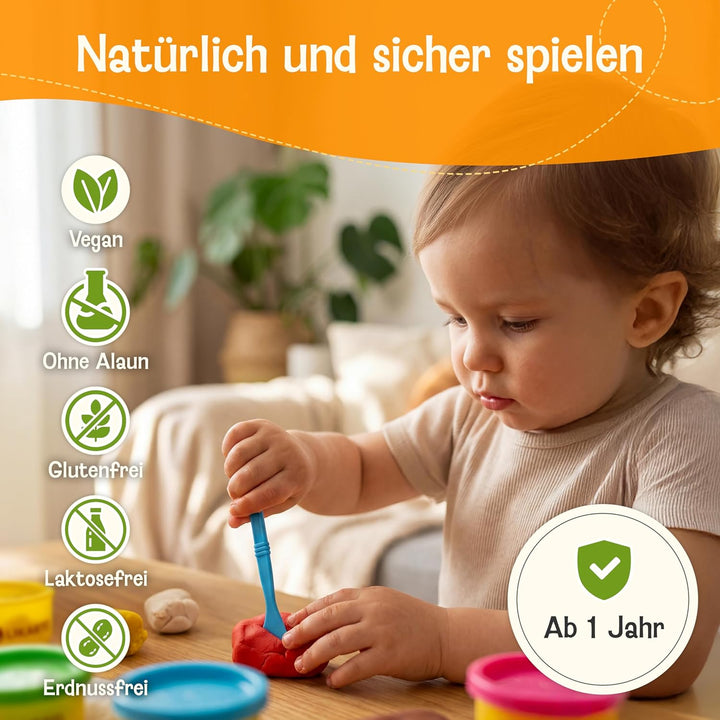 Veganes Knete Set für Kinder ab 1 Jahr - [10 Farben, 5 Werkzeuge, 10 Anleitungen] - Extraweiche & un