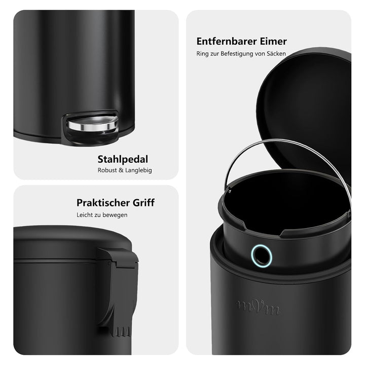 mVm Mülleimer Küche 20L, Mülleimer mit Deckel, Schwarz | Soft-Close, Herausnehmbarem Inneneimer, Fin