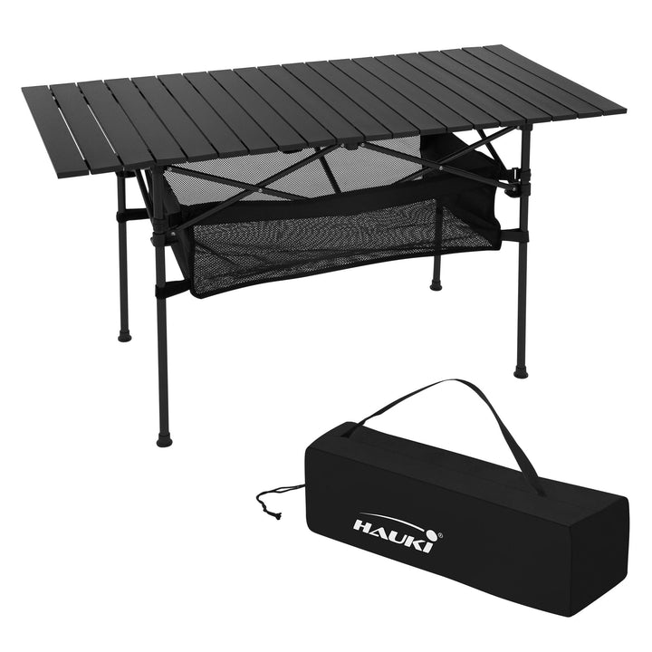 Hauki Campingtisch faltbar Schwarz, 118 x 55 x 64,5 cm, Aluminium Klapptisch, Aufrollbare Tischplatt
