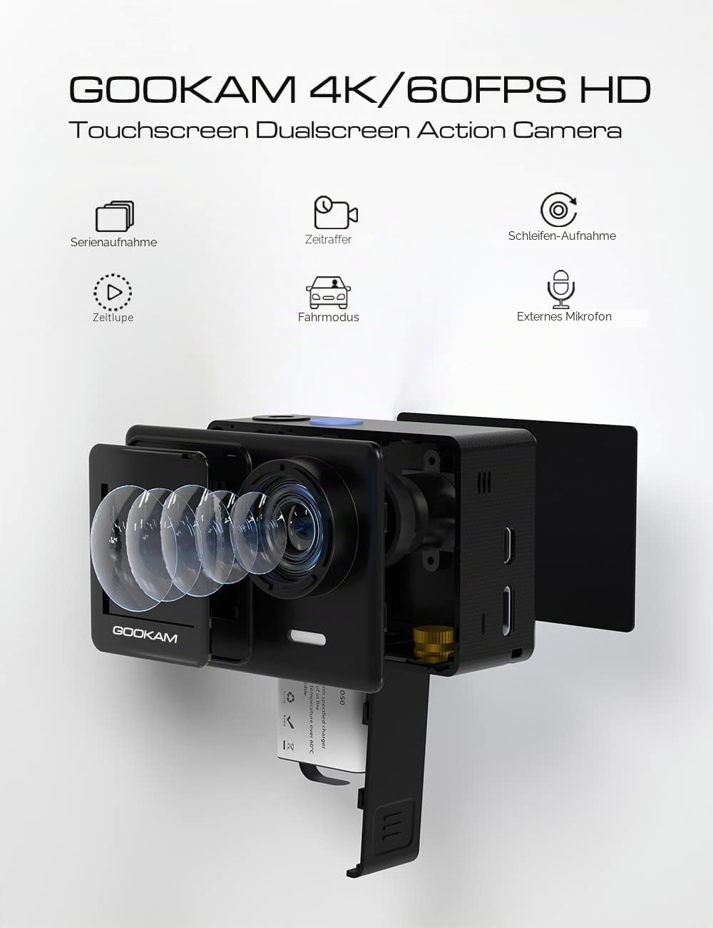 GOOKAM 4K 60fps 24MP Action Cam WiFi Actionkamera Dualscreen Touchscreen 40M Unterwasserkamera EIS S