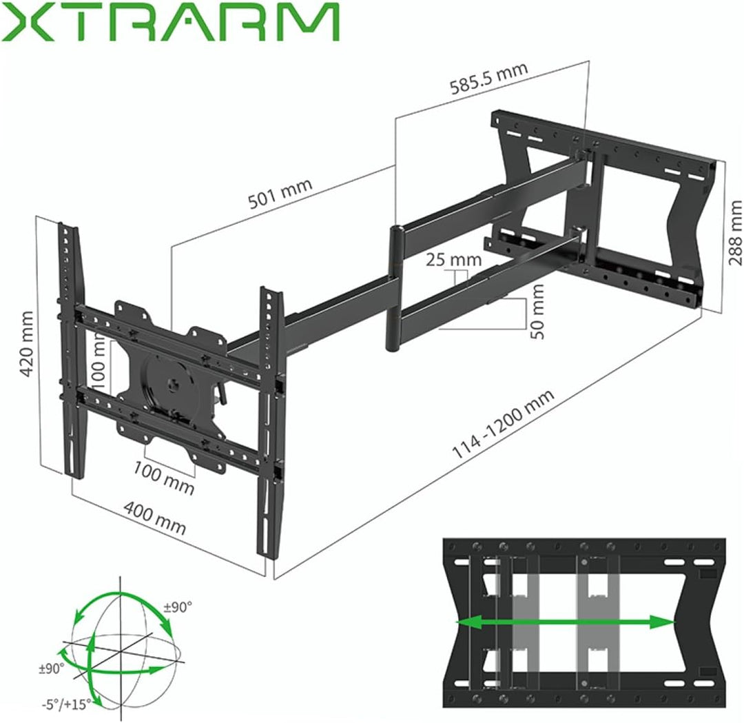 XTRARM TiTon 120 cm Wandabstand, TV Wandhalterung, Langer Schwenkarm, neigen, schwenken, rotieren, a