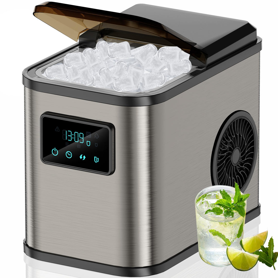 KeeGone Edelstahl Eiswürfelmaschine mit LED-Display,Eismaschine Eiswürfelbereiter und Reinigungsfunk