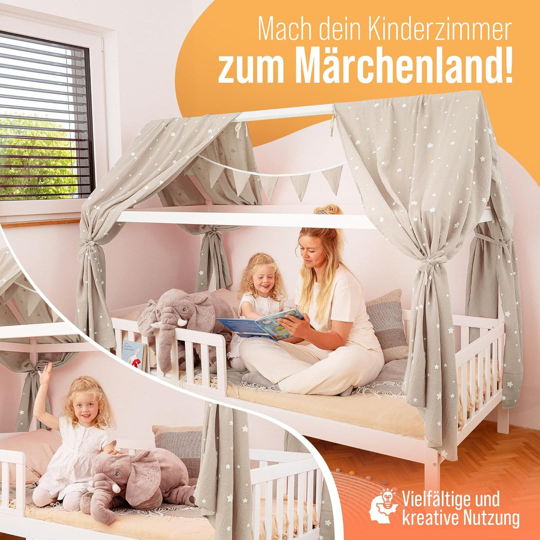 Luna & Leo Hausbett Himmel 3-TLG - mit Sternendruck [Bio Musselin Baumwolle] Handmade | Himmelbett V