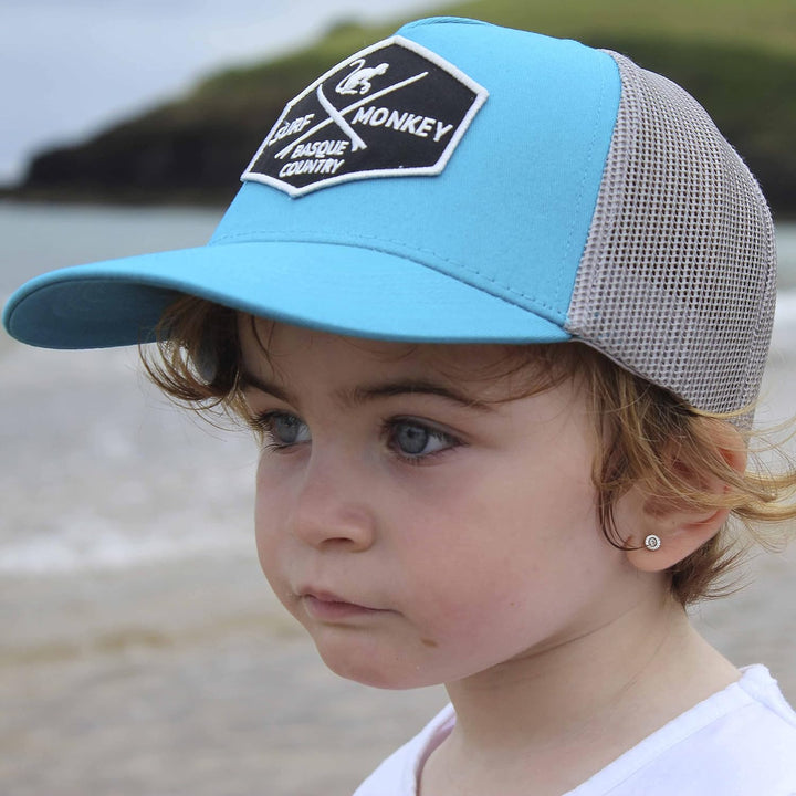 SURF MONKEY Trucker Cap mit 5 Paneelen mit Netzstoff für Jungen / Mädchen - Cap 6-12 Jahre Blau/Grau