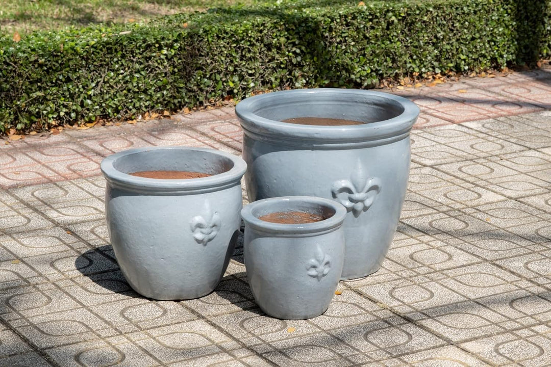 Pflanzgefäss Blumentopf Übertopf Fleur de LYS mit Lilie Keramik Blau Weiss Grau glasiert absolut Fro