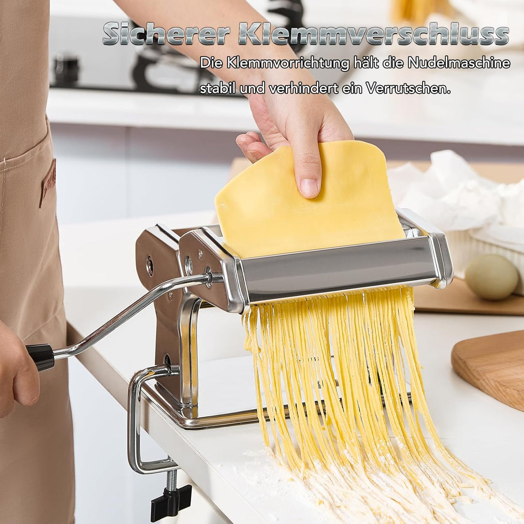 Pastamaschine aus Edelstahl, manuelle Nudelmaschine mit 9 Teigstärken & 2 Schnittbreiten für Spaghet