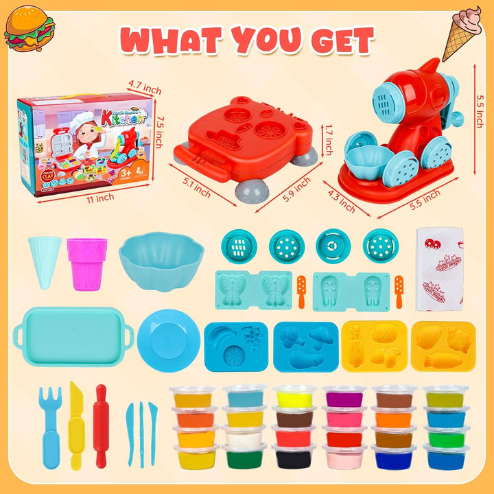 Knetwerkzeug, Knete Zubehör Kitchen Creations Spielset mit 24 Dosen, Knete Set Nudelmaschine Burger