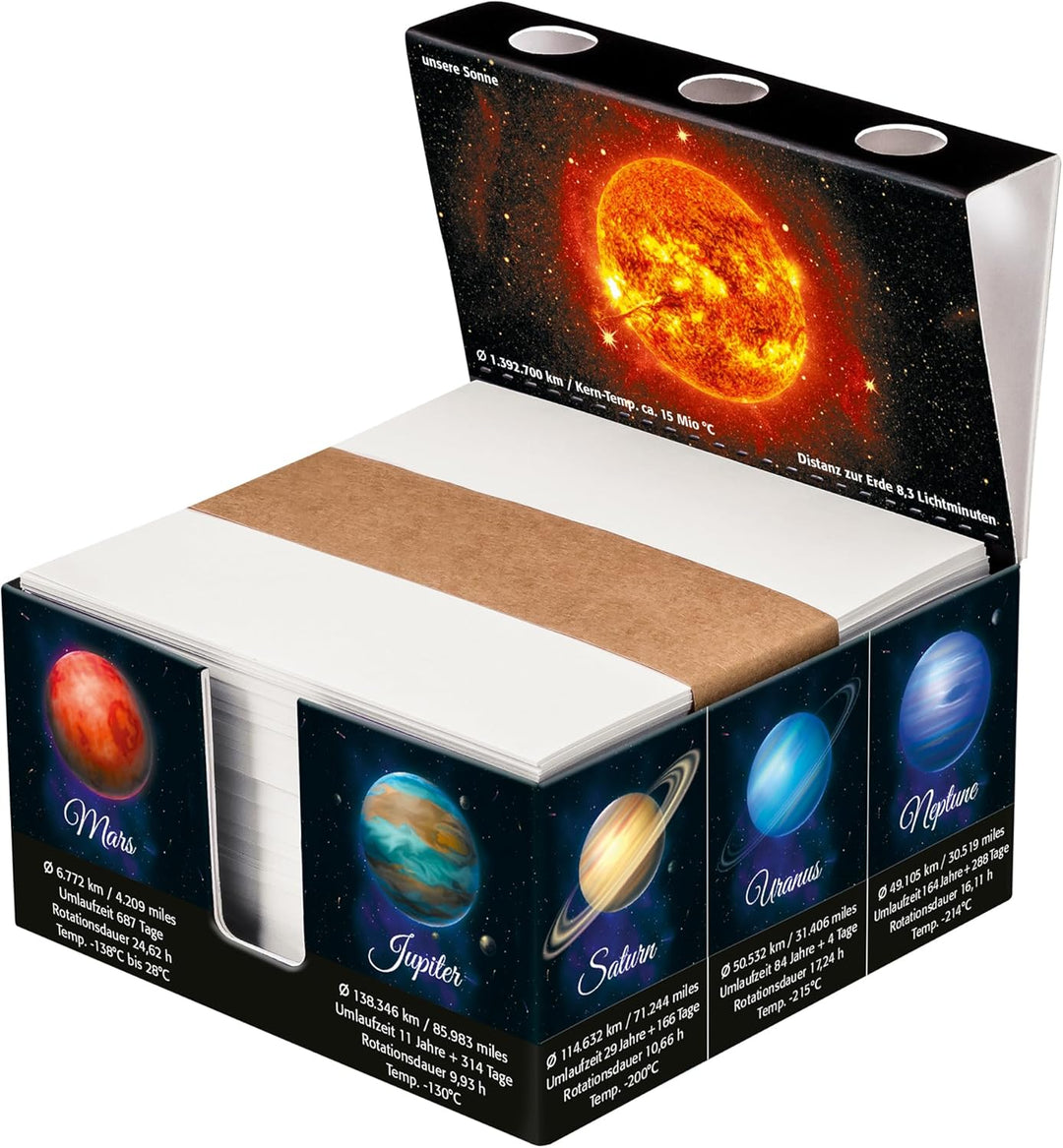 Zettelbox „SOLAR SYSTEM“ aus stabil verklebtem Vollkarton, Notizzettel aus kräftigem Papier (1er-Set
