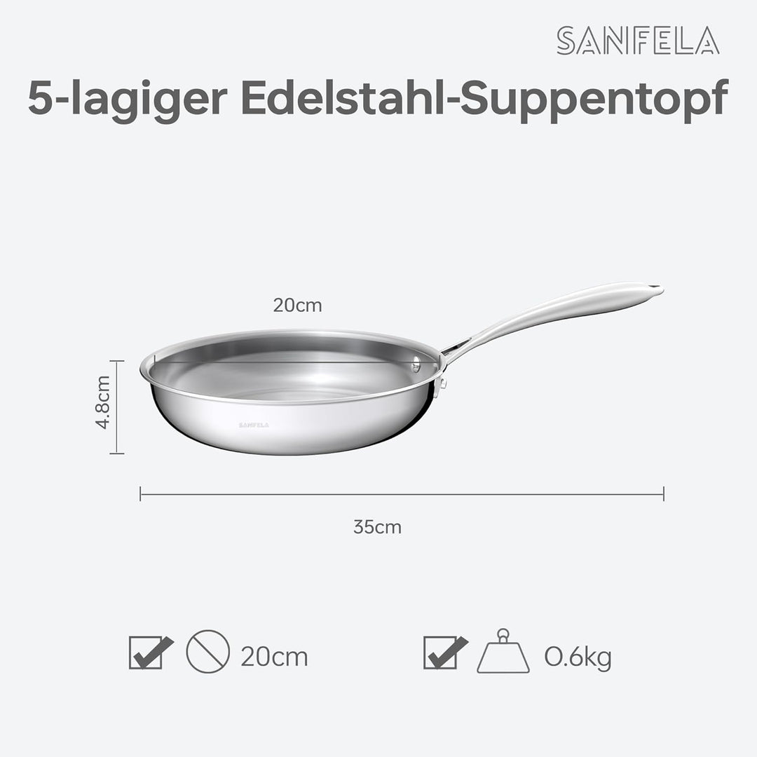 20 cm Edelstahl-Bratpfanne, 5-lagige Edelstahlpfanne | spülmaschinen- und ofenfest, Induktionspfanne