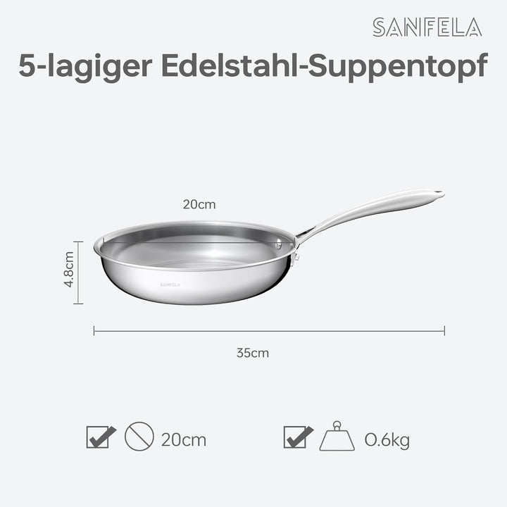 20 cm Edelstahl-Bratpfanne, 5-lagige Edelstahlpfanne | spülmaschinen- und ofenfest, Induktionspfanne