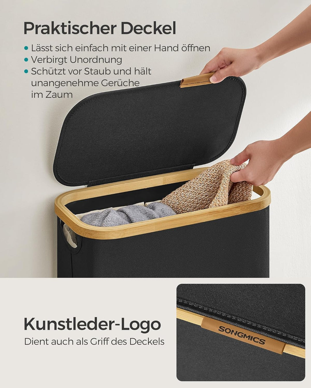 SONGMICS Wäschekorb mit Deckel, Wäschesammler 65 L, platzsparend, herausnehmbarer Wäschesack, Oxford