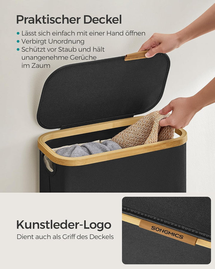 SONGMICS Wäschekorb mit Deckel, Wäschesammler 65 L, platzsparend, herausnehmbarer Wäschesack, Oxford