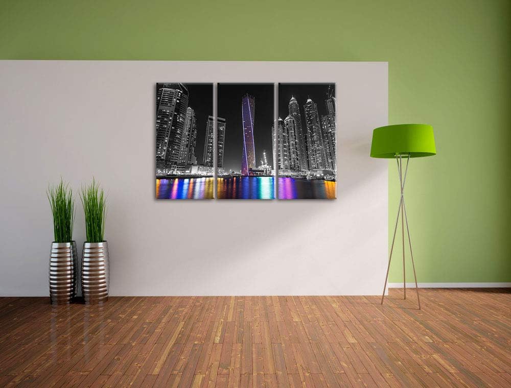 Pixxprint Skyline von Dubai bei Nacht als Leinwandbild | Grösse: 3 Teilig (120x80) | Wandbild| Kunst