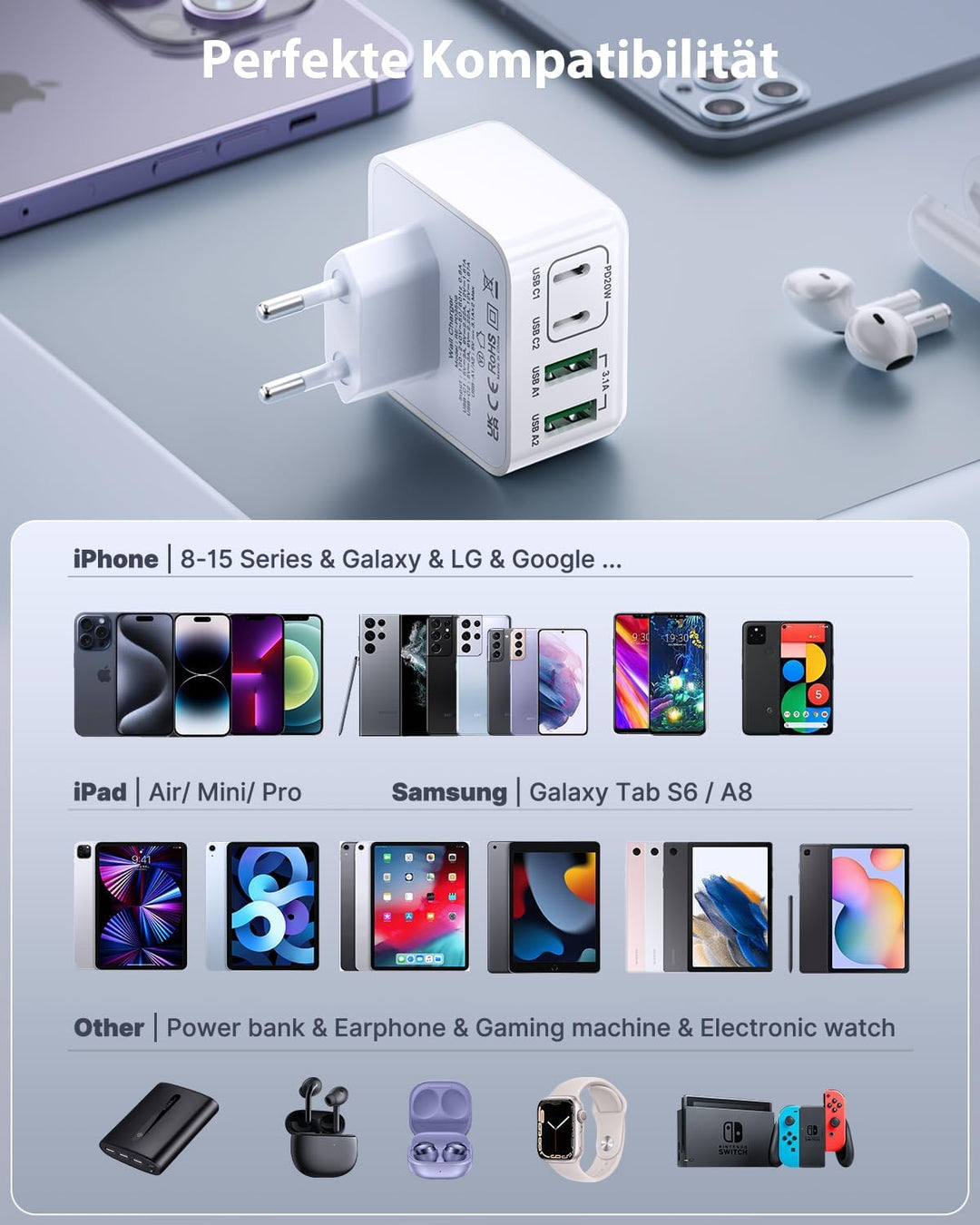 USB C Ladegerät, Aioneus 40W 4 Ports Mehrfach Ladegerät, Schnellladegerät PD 3.0 Power Adapter mit U