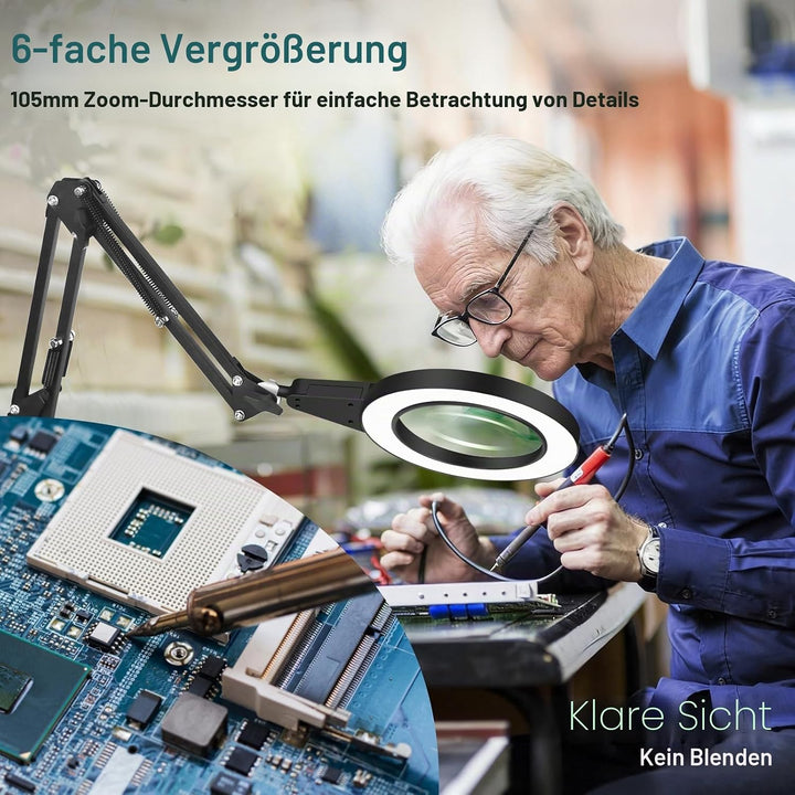 Lupe mit Licht und Ständer, Touch-Steuerung, 2-in-1 LED Lupenleuchte, Schreibtischlampe mit grossem