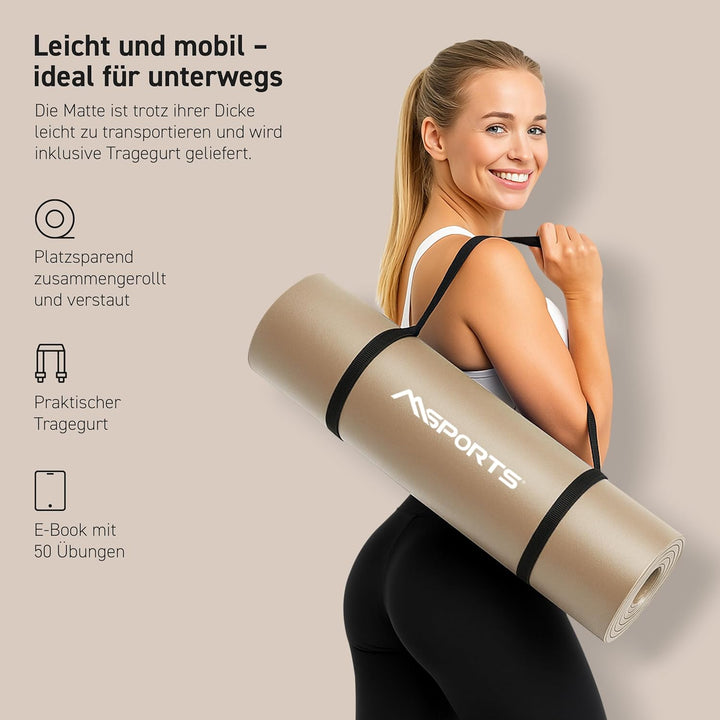 MSPORTS Gymnastikmatte | Yogamatte Premium rutschfest inkl. Tragegurt + Übungsposter + Workout App I