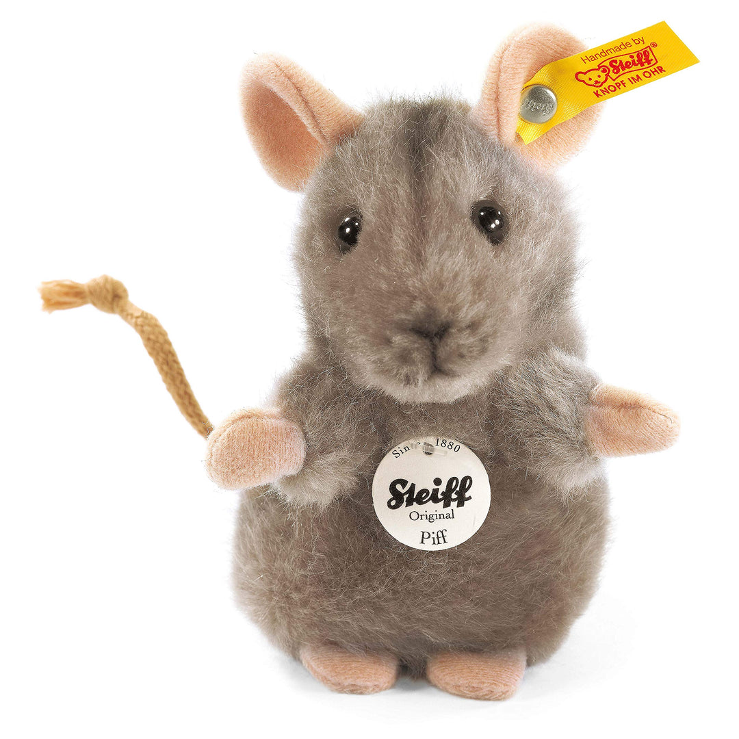 Steiff Piff Maus aufwartend - 10 cm - Kuscheltier für Kinder - Plüschmaus - waschbar - grau (056222)