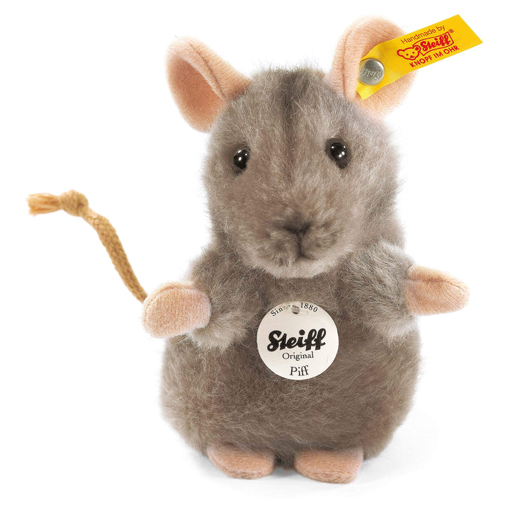 Steiff Piff Maus aufwartend - 10 cm - Kuscheltier für Kinder - Plüschmaus - waschbar - grau (056222)