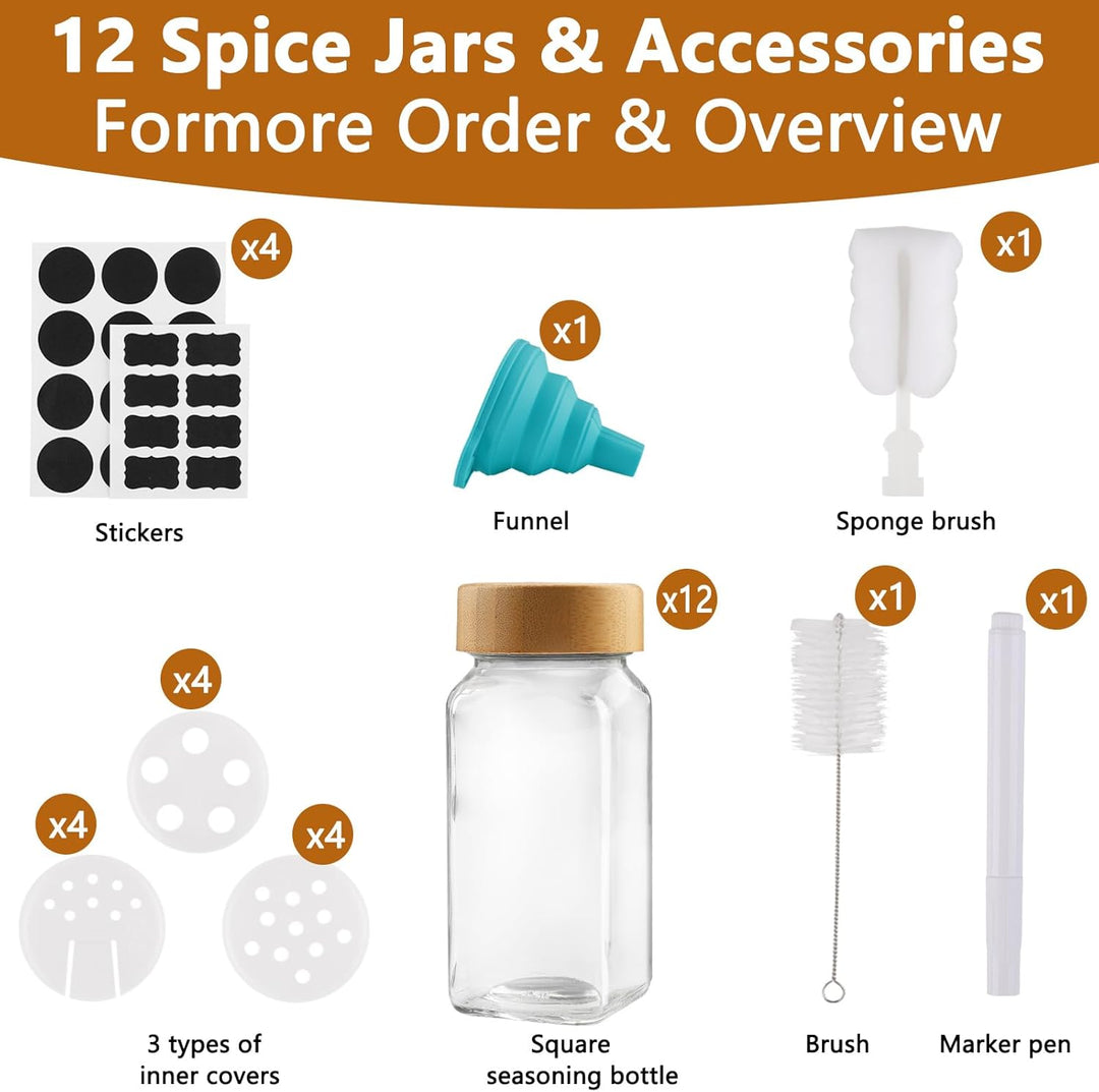 Spice Jars Square Set [12 Pieces] with Bamboo Lid, 120 ml Spice Jars, Spice Shaker Spice Jars Spice