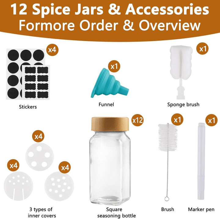 Spice Jars Square Set [12 Pieces] with Bamboo Lid, 120 ml Spice Jars, Spice Shaker Spice Jars Spice