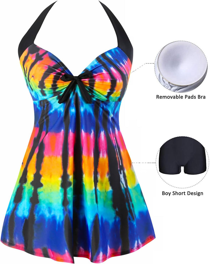Damen Einteiler Badekleid Blumen Muster Gepolstert Badeanzug mit Shorts Grosse Grössen Bademode 4XL