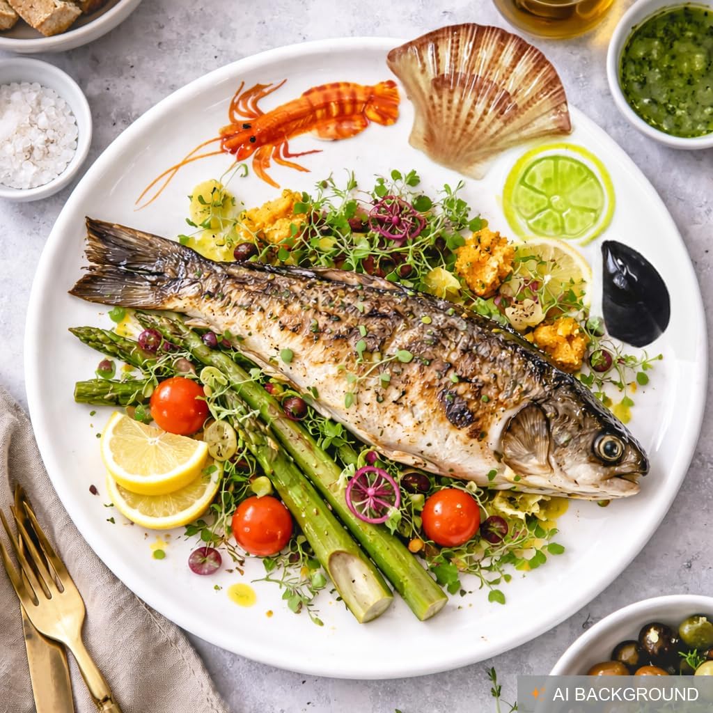Lashuma Handgemachter Platzteller aus Italienischer Keramik im Meeresfrüchte Design, Runder Fischtel