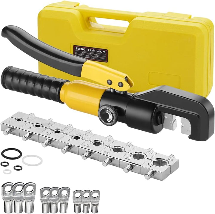 TEENO Hydraulische Crimpzange, mit 9 Sechskant-Schneideisen 12 mm Hub 10T und 9 Kabelschuhe, 4–70 mm