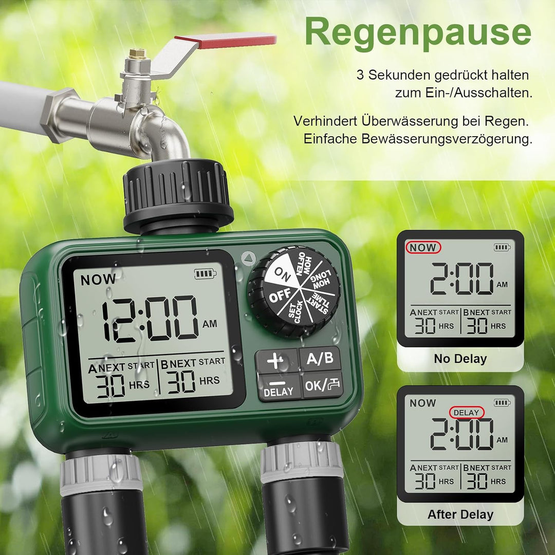 Bewässerungscomputer 2 Ausgänge, Grosses LCD-Display Bewässerungsuhr, Automatische Bewässerung Zeits