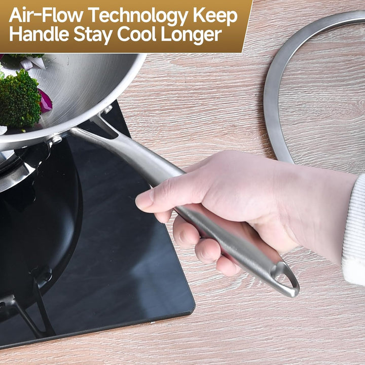 LOLYKITCH Dreilagige Edelstahl-Wokpfanne mit Deckel und Halter, Bratpfanne, Induktions-Wok, spülmasc