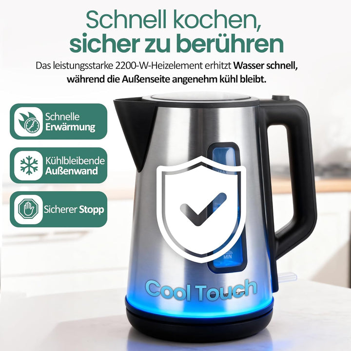 Emerio Wasserkocher doppelwandiges Cool-Wall Gehäuse 1.7L BPA 2200 Watt Auto Off Überhitzungsschutz
